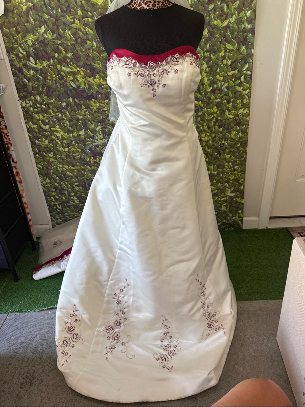 Ivory Strapless Wedding Dress with Burgundy Trim and Embroidery p30